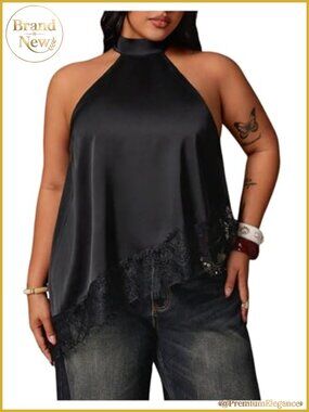 Plus Size Satin Halter Top Lace Trim Asymmetrical Flowy Y2K Going Out Sleeveless